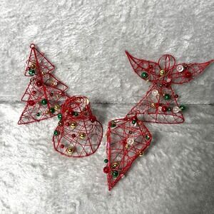 Vintage Wire Christmas Ornaments Set Red Trees Angel Bell Star Beaded Holiday